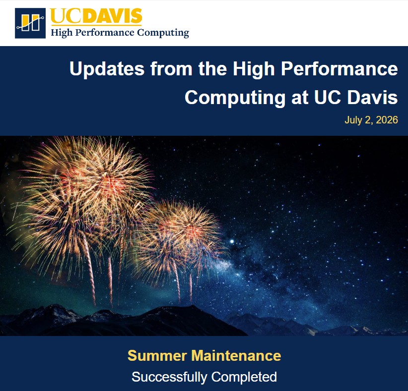 HPC July 2026 Newsletter with fireworks over starry mountains; banner: summer maintenance completed